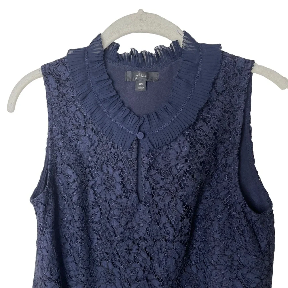 J. Crew Navy Blue Lace Ruffle‎ Neck Sleeveless Tank Top XS